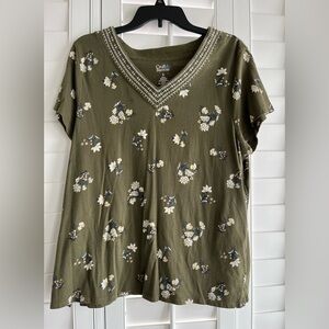 CROFT & BARROW Olive Green Floral Short Sleeve V-Neck T-Shirt Size XL